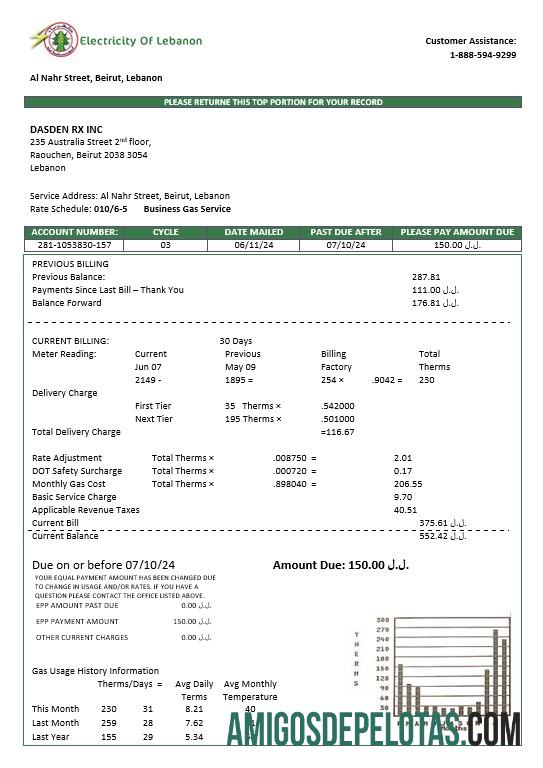 imprimível Modelo de conta de serviços públicos de eletricidade do Líbano no Líbano em formatos Word e PDF